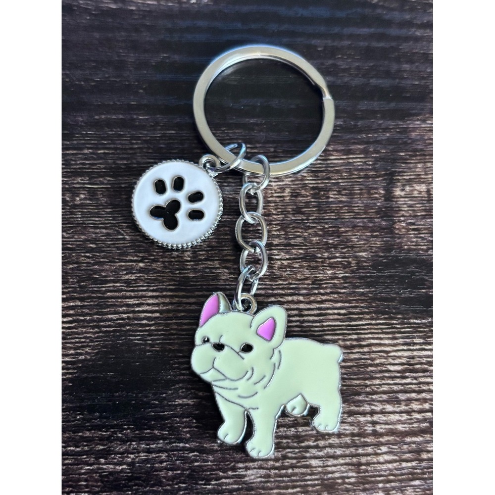 French Bulldog Enamel Keychain Charm White Frenchie Dog Paw Print Silver Tone